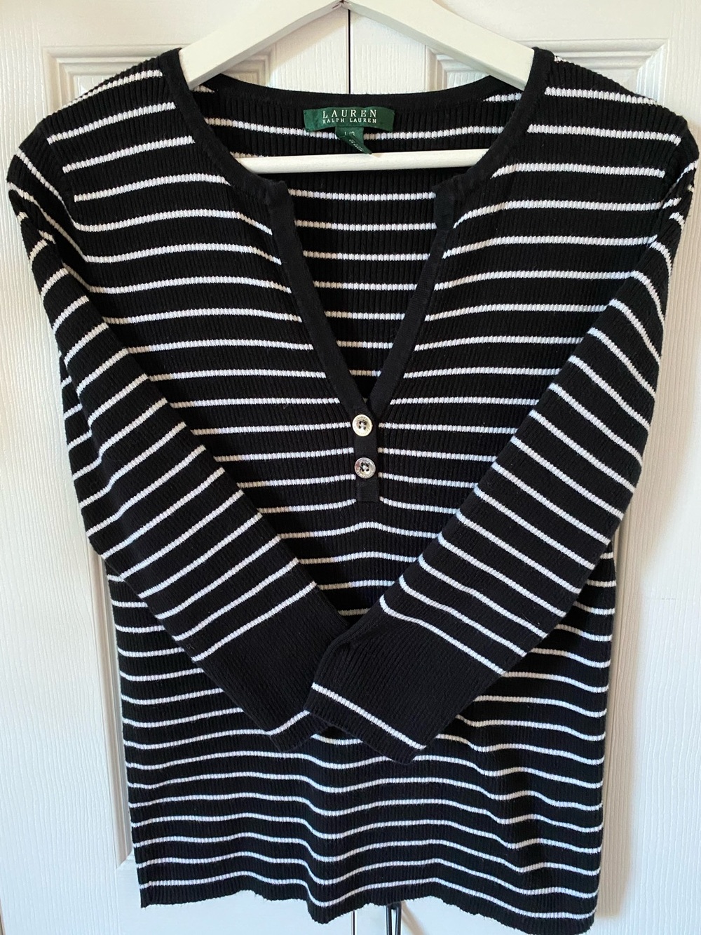Ralph Lauren Black & White Striped V-Neck Henley Sweater 3/4 sleeve Size Large